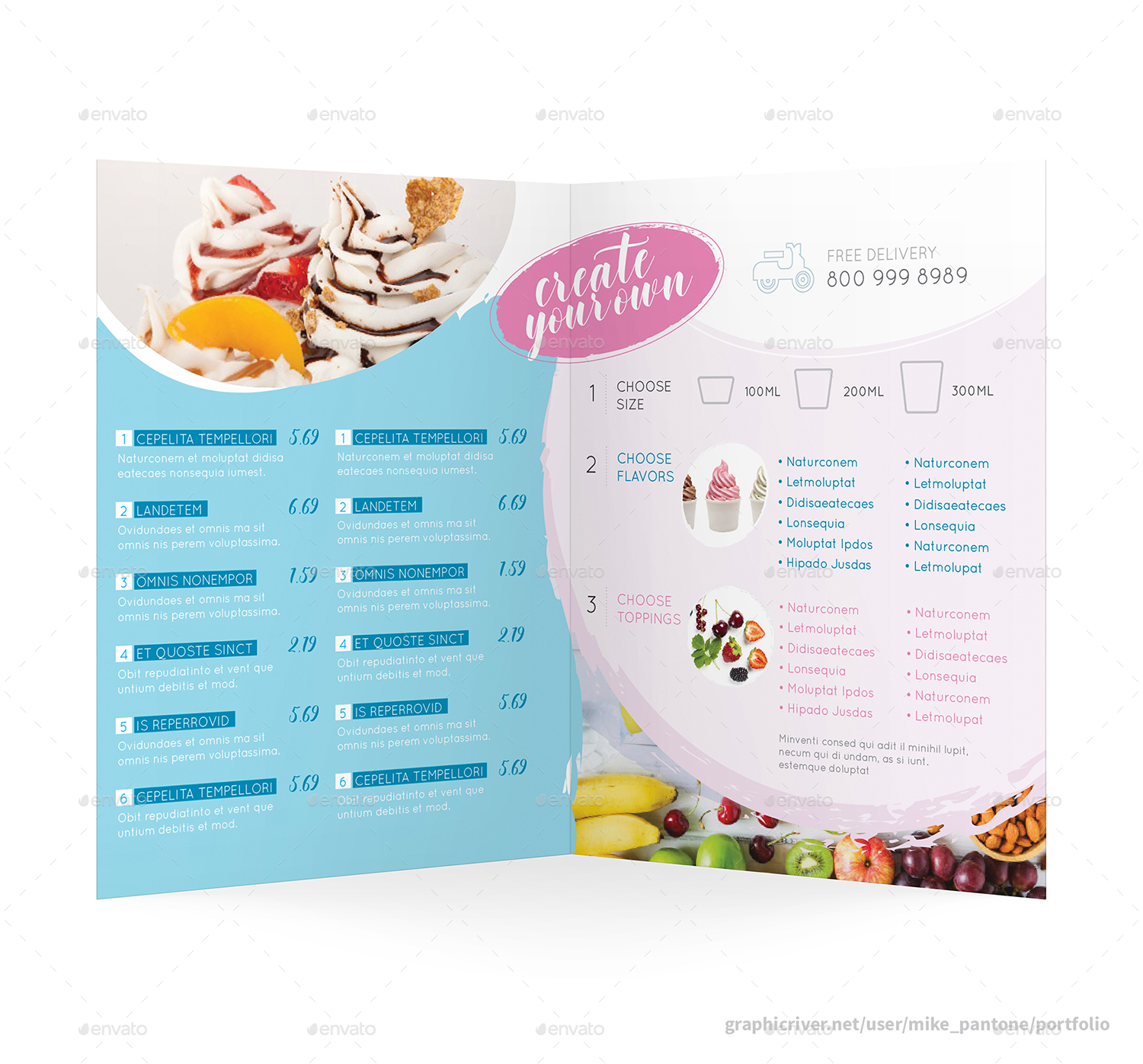 Frozen Yogurt Bifold / Halffold Menu, Print Templates GraphicRiver
